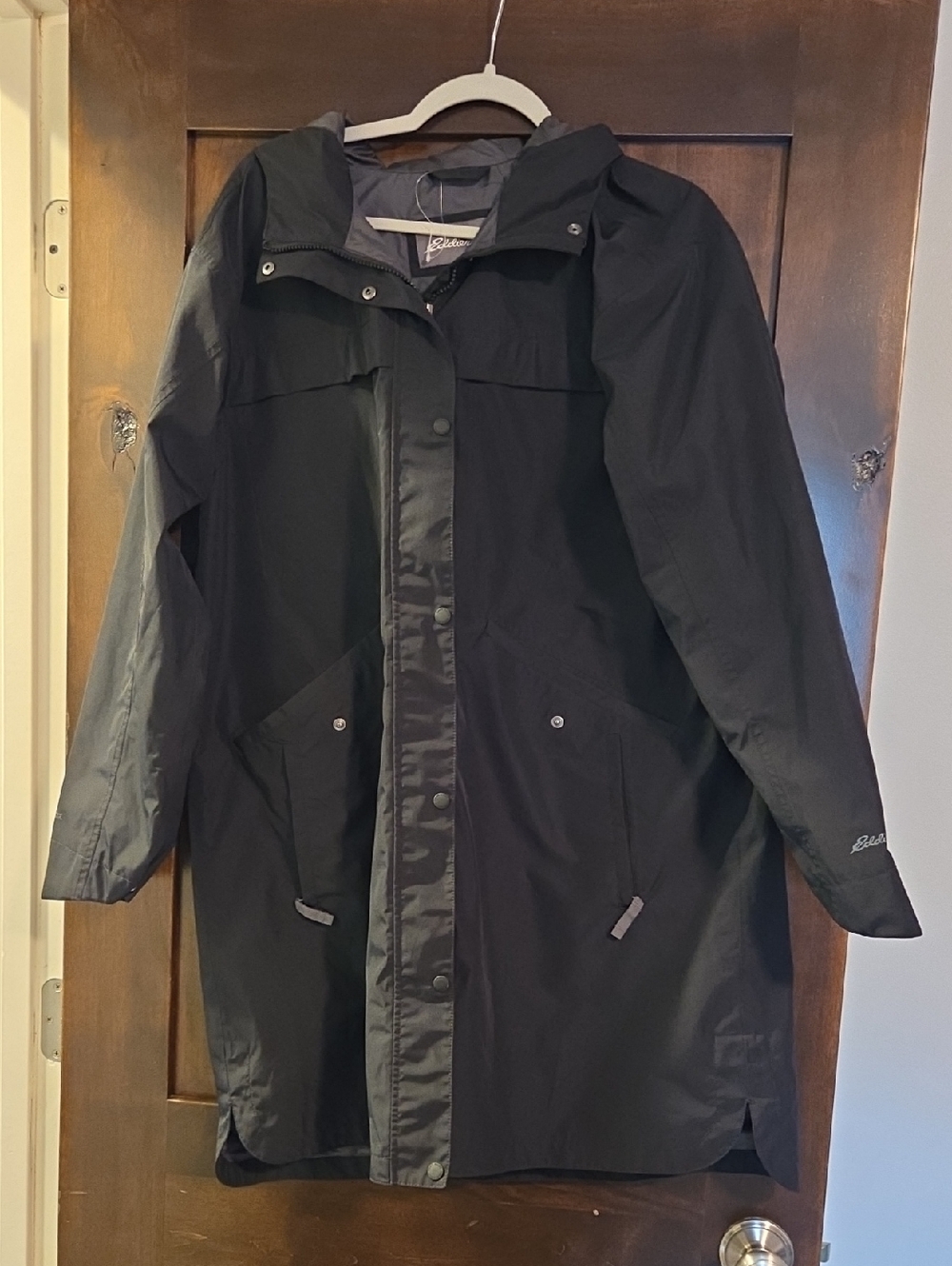 Eddie Bauer Black Hooded Trench Raincoat